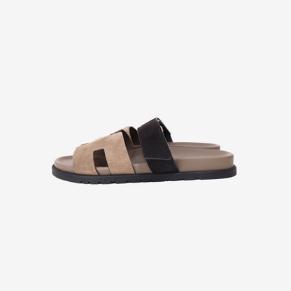 Hermès Chypre Techno-Sandals in Étoupe and Noir Suede Goatskin (Contact to Enquire)