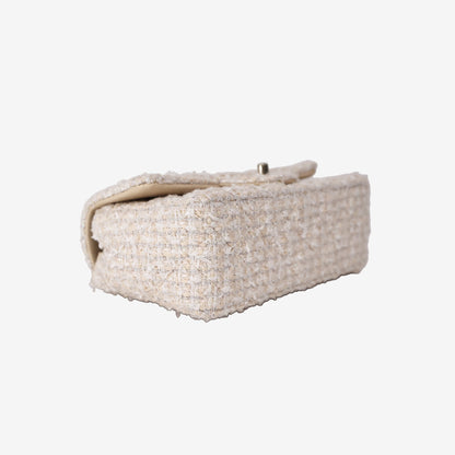 Chanel Tweed Quilted Mini Rectangular Flap in Off-White and Beige Tweed with Gold Hardware