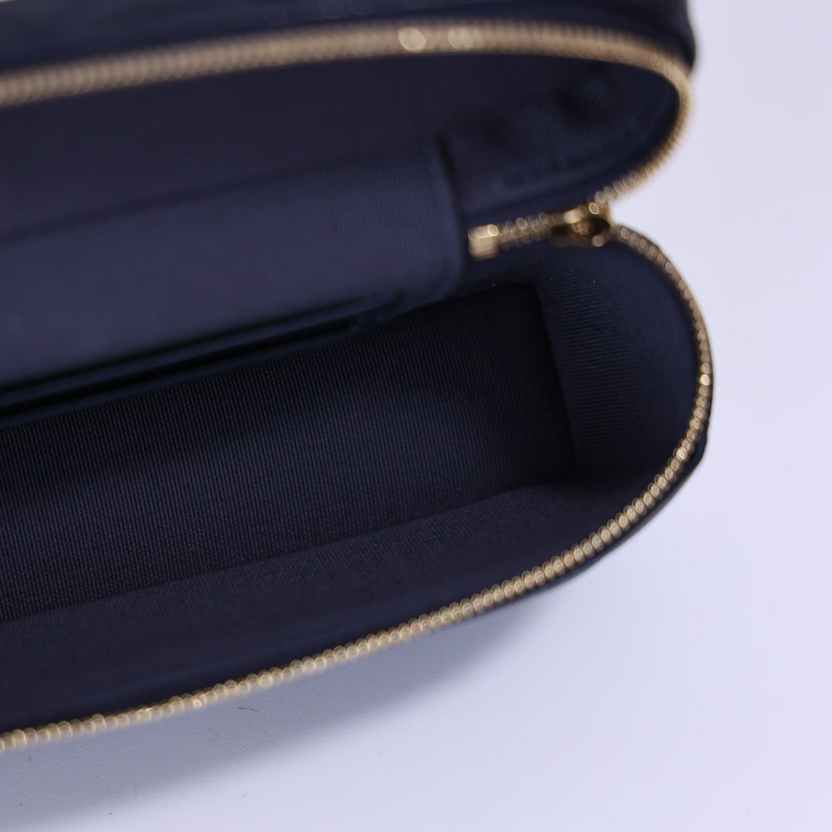 Chanel Long Vanity Case with Chain in Blue Caviar Leather with Gold Hardware interior view