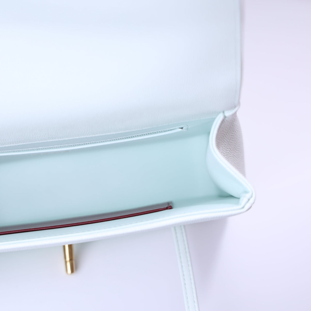 Chanel 26P Preppy Flap Small in Light Blue Calfskin Leather with Gold Hardware interior view