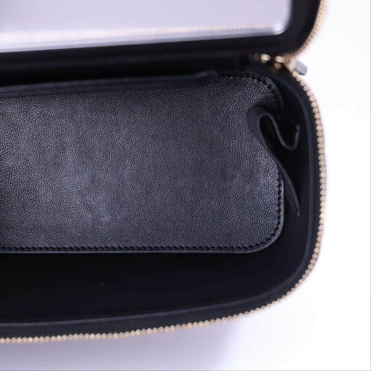 Chanel Vanity Case with Top Handle in Black Lambskin Leather with Gold Hardware interior view