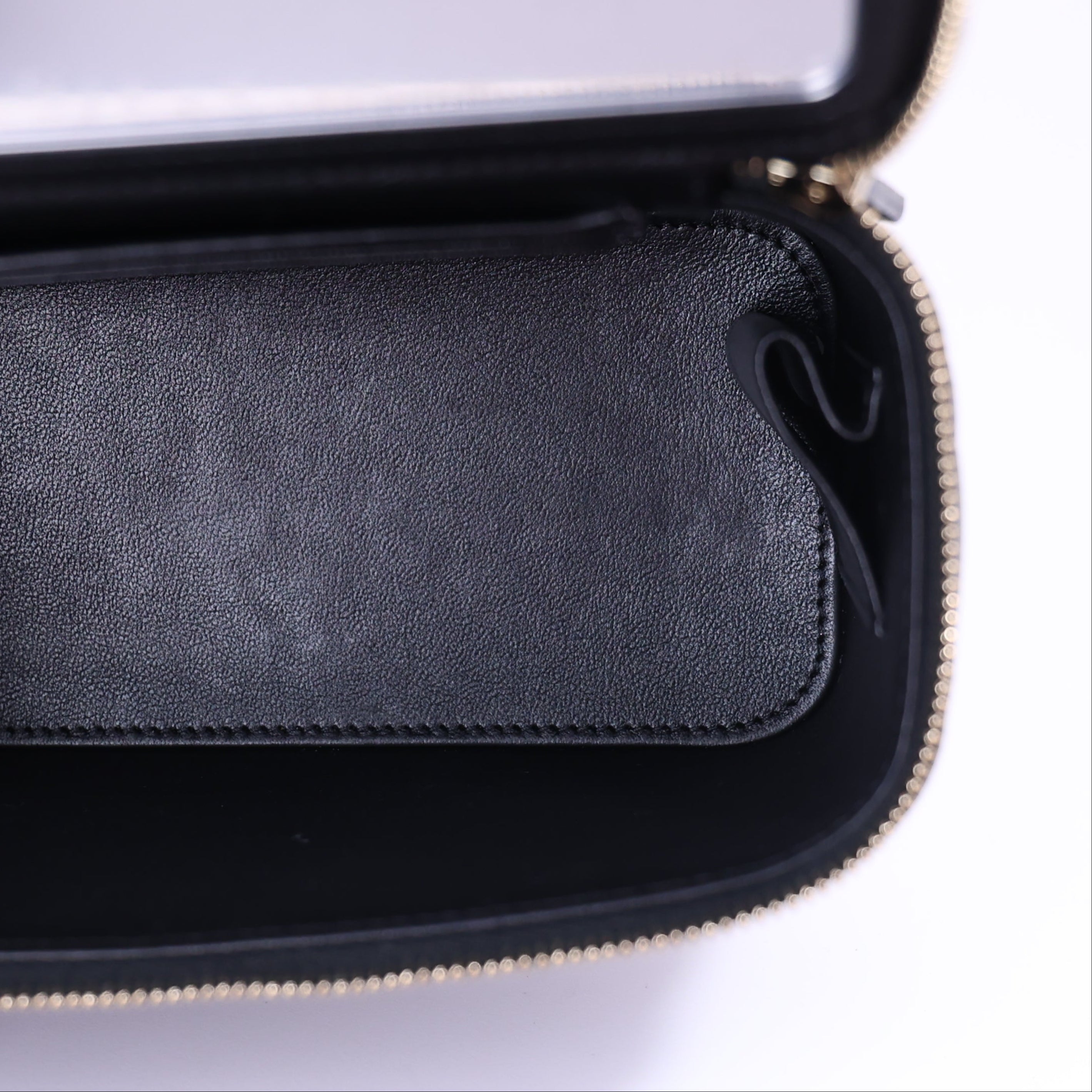 Chanel Vanity Case with Top Handle in Black Lambskin Leather with Gold Hardware interior view