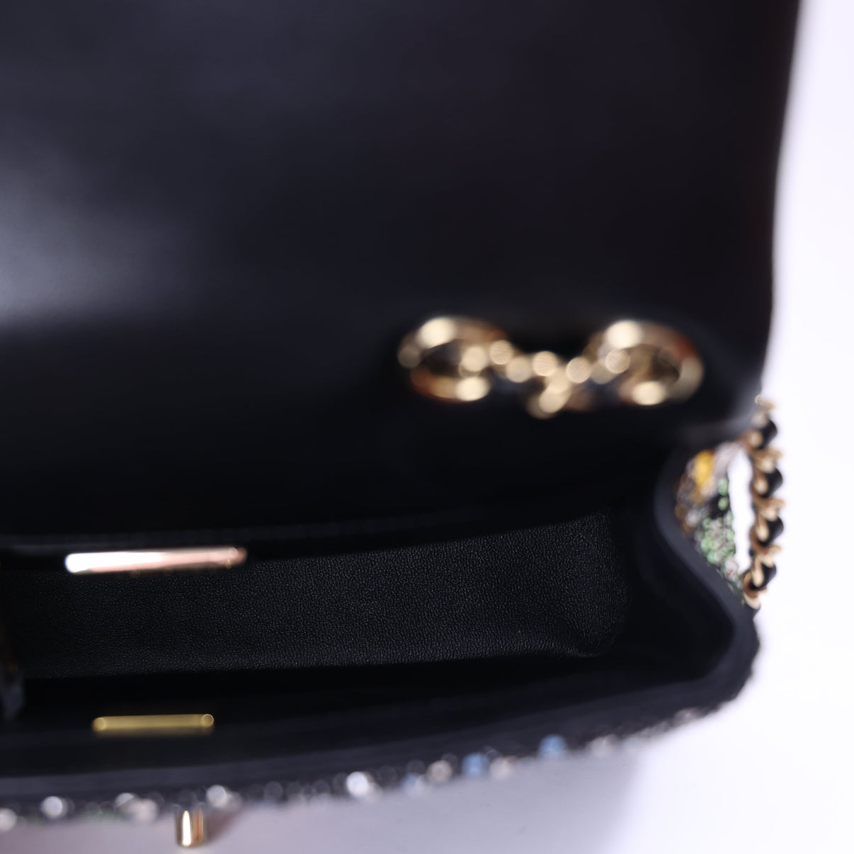 Chanel Coco Neige Evening Bag in Black/Multicolour Sequin Pearl Strass with Gold Hardware interior view
