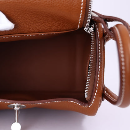Hermès Mini Lindy in Gold Barenia Leather with Palladium Hardware interior view