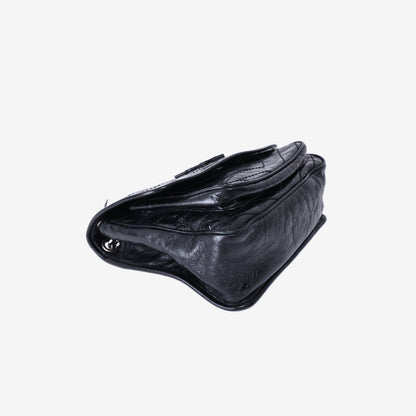 Saint Laurent Medium Niki Shoulder Bag in Black Crinkled Calfskin Leather with Silver Hardware