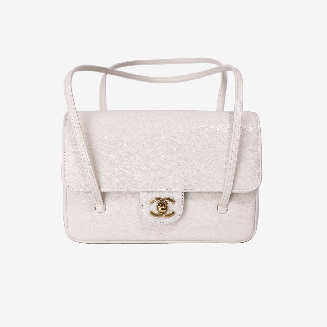 Chanel 26P Preppy Flap Bag Small in White Calfskin Leather with Gold Hardware front view