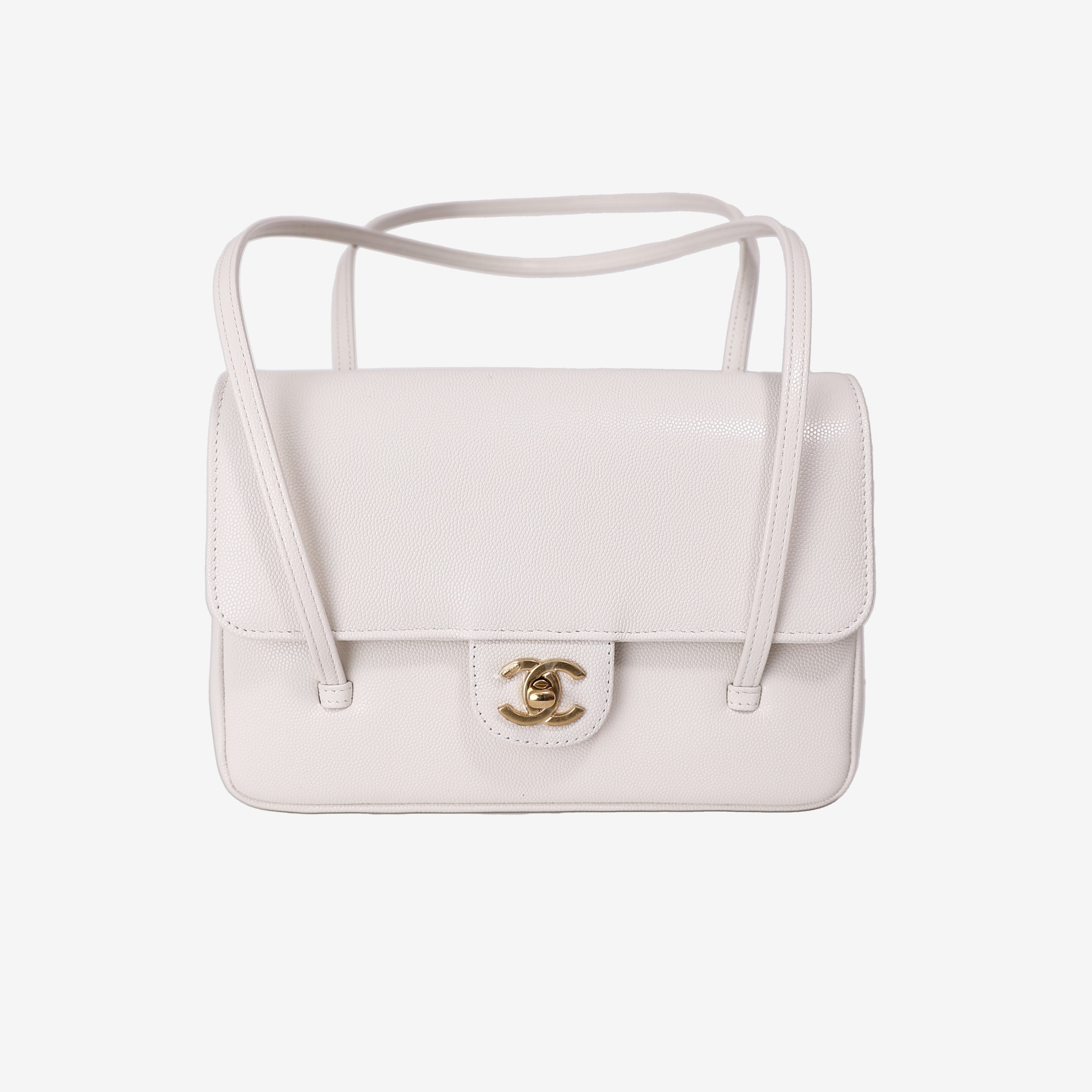 Chanel 26P Preppy Flap Bag Small in White Calfskin Leather with Gold Hardware front view