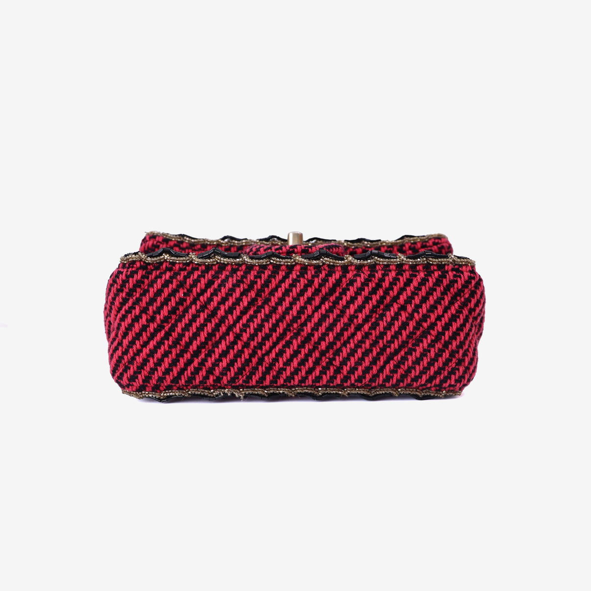 Chanel Classic Single Flap Mini Bag in Multicolour Braided Quilted Wool and Beaded Trim with Gold Hardware bottom view