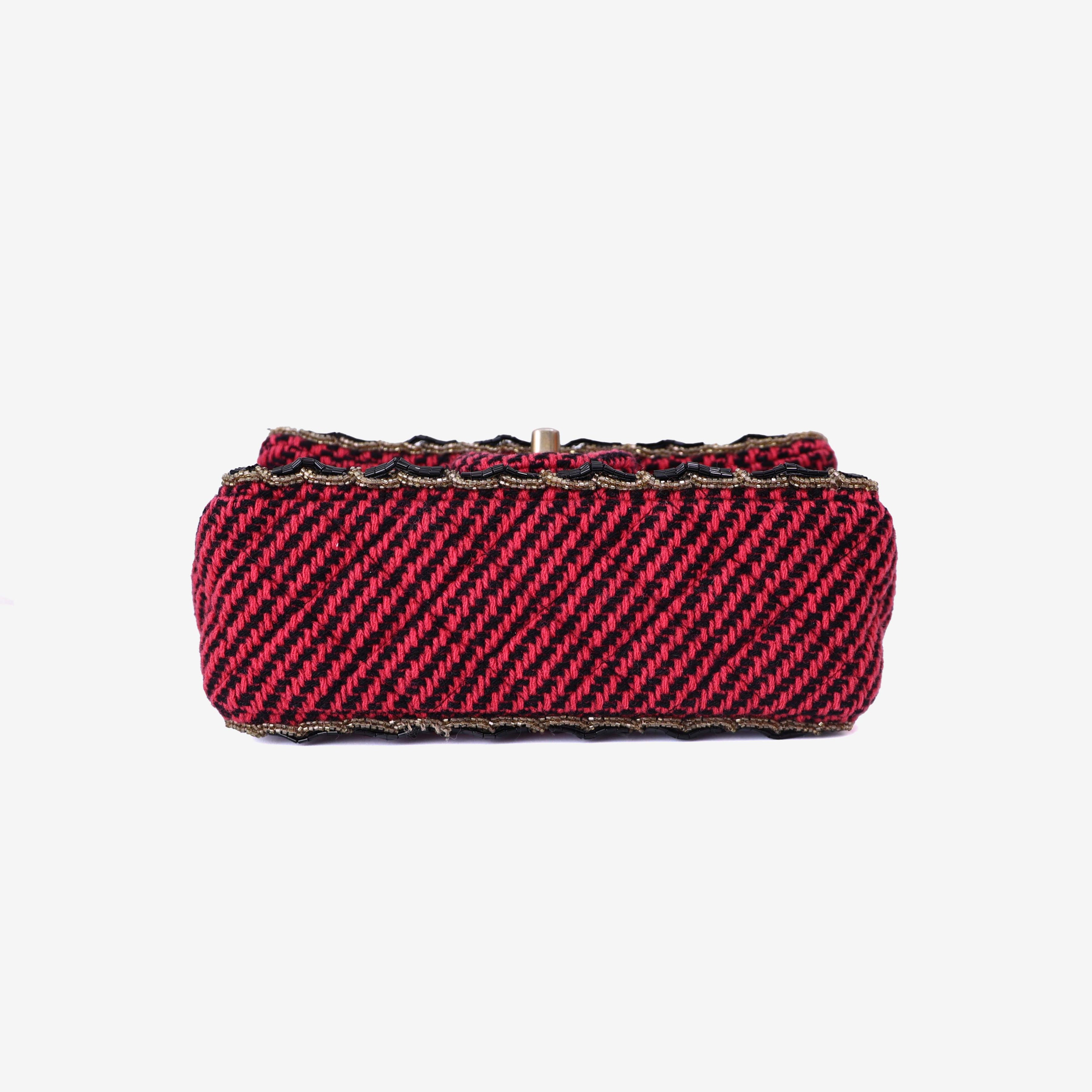 Chanel Classic Single Flap Mini Bag in Multicolour Braided Quilted Wool and Beaded Trim with Gold Hardware bottom view