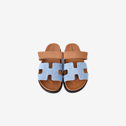 Hermès Chypre Sandals in Bleu Clair Denim and Naturel Veau Leather (Size 38)
