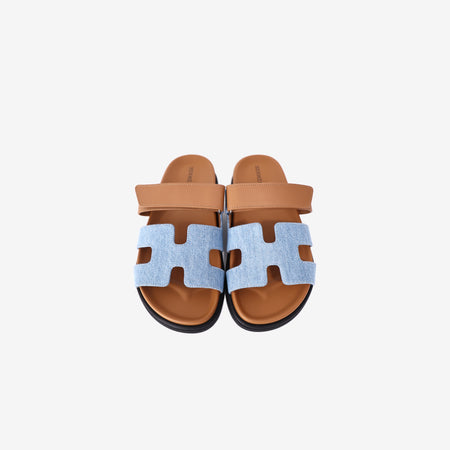 Hermès Chypre Sandals in Bleu Clair Denim and Naturel Veau Leather (Size 38)