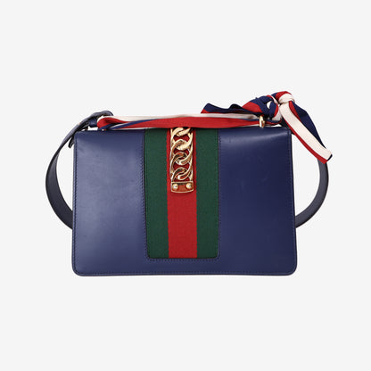 Gucci Sylvie Small Shoulder Bag in Navy Calfskin Leather with Gold Hardware