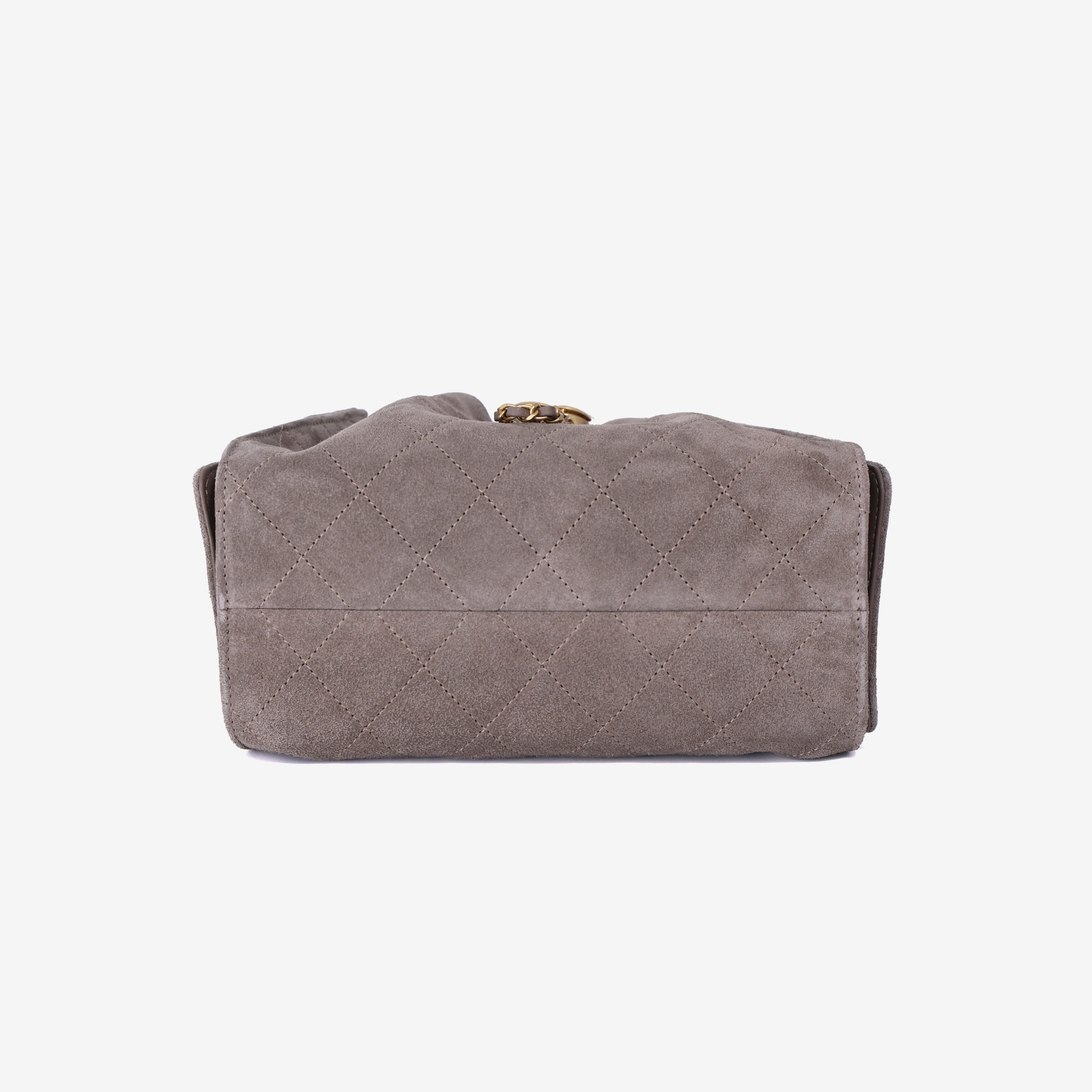 Chanel 25 Small Handbag in Dark Grey Suede with Gold Hardware bottom view
