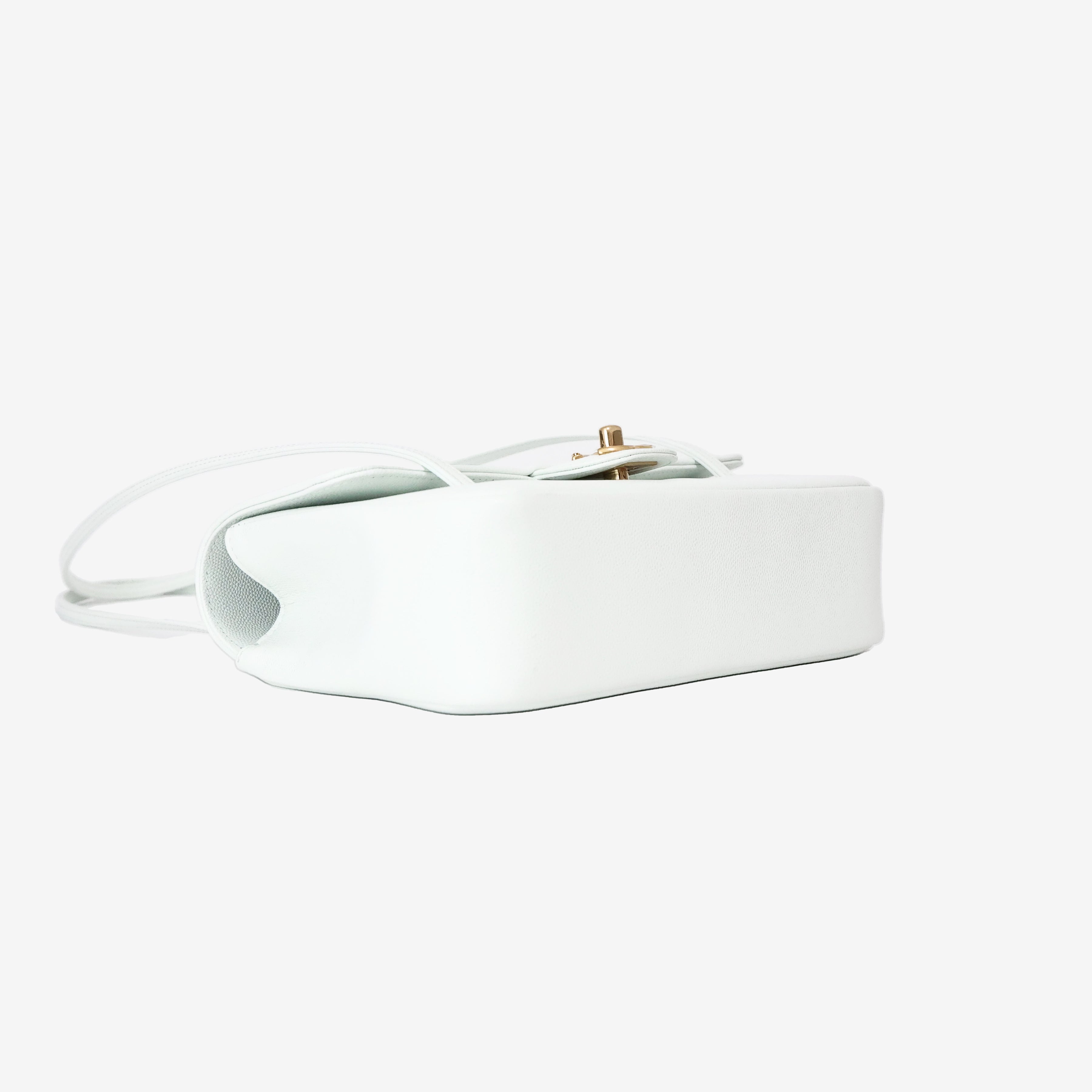 Chanel 26P Preppy Flap Small in White Calfskin Leather with Gold Hardware bottom side view