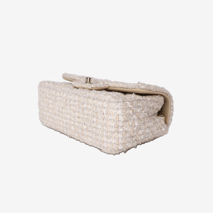 Chanel Tweed Quilted Mini Rectangular Flap in Off-White and Beige Tweed with Gold Hardware