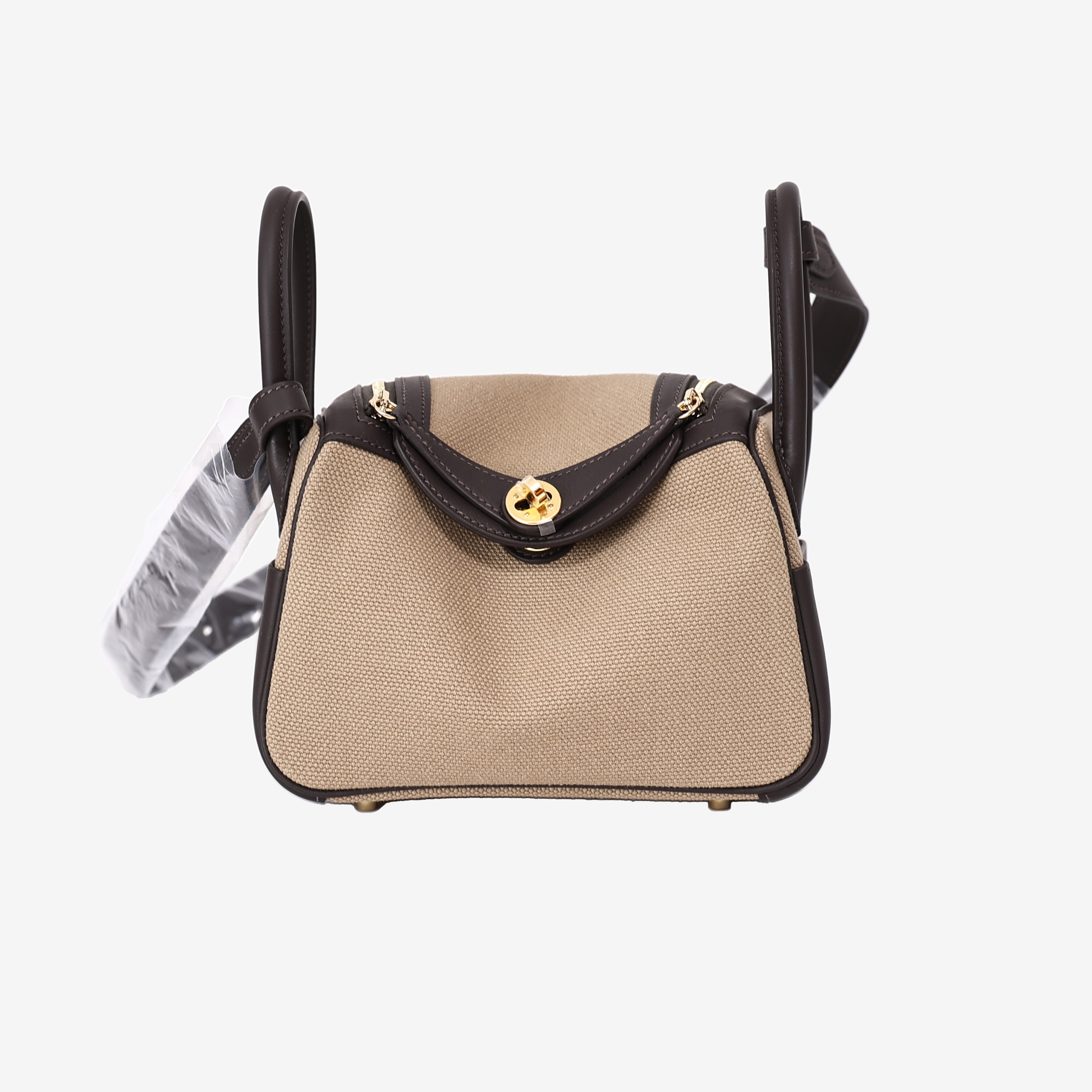 Hermès Mini Lindy Cargo in Ecru Toile Canvas and Ébène Swift Leather with Gold Hardware front view