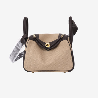 Hermès Mini Lindy Cargo in Ecru Toile Canvas and Ébène Swift Leather with Gold Hardware front view