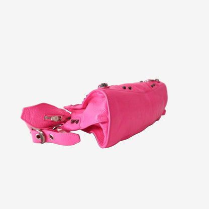 Balenciaga Neo Cagole City Bag in Fluorescent Pink Crinkled Lambskin Leather with Silver Hardware