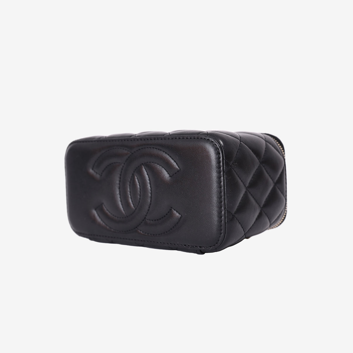 Chanel Small Vanity Case with Top Handle in Black Lambskin Leather with Gold Hardware bottom side view