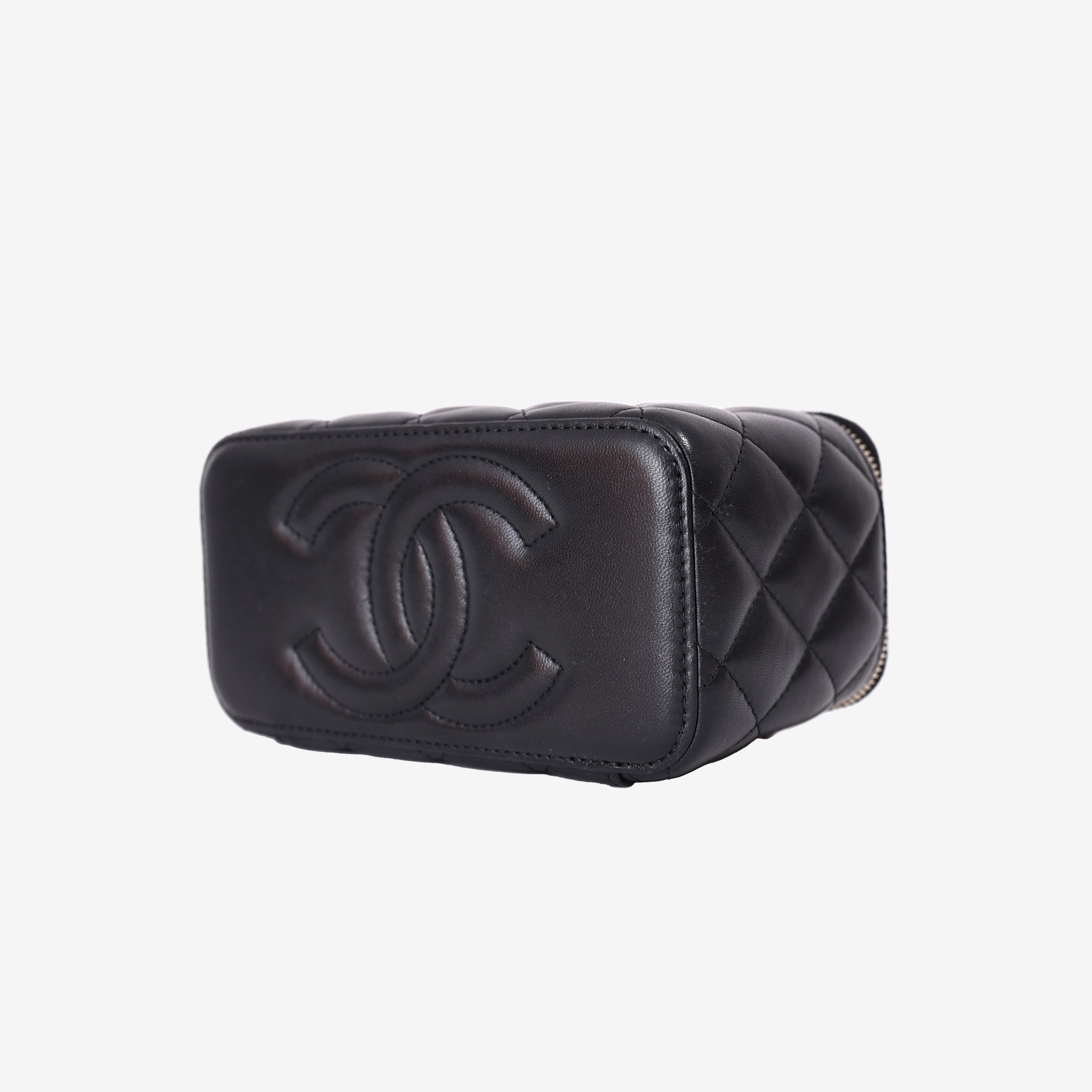 Chanel Small Vanity Case with Top Handle in Black Lambskin Leather with Gold Hardware bottom side view