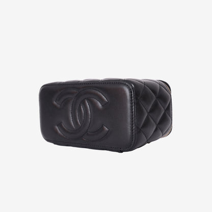 Chanel Small Vanity Case with Top Handle in Black Lambskin Leather with Gold Hardware bottom side view