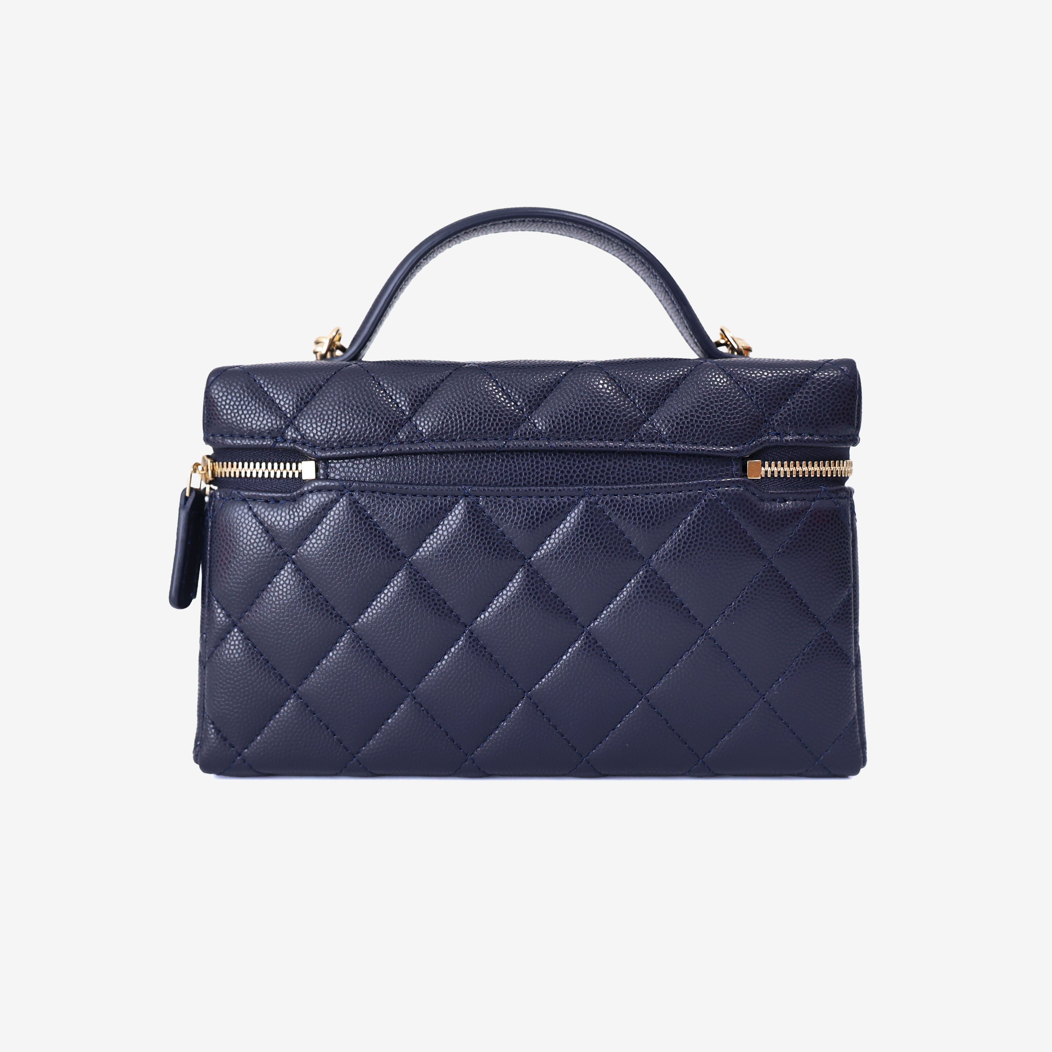 Chanel Long Vanity Case with Chain in Blue Caviar Leather with Gold Hardware back view