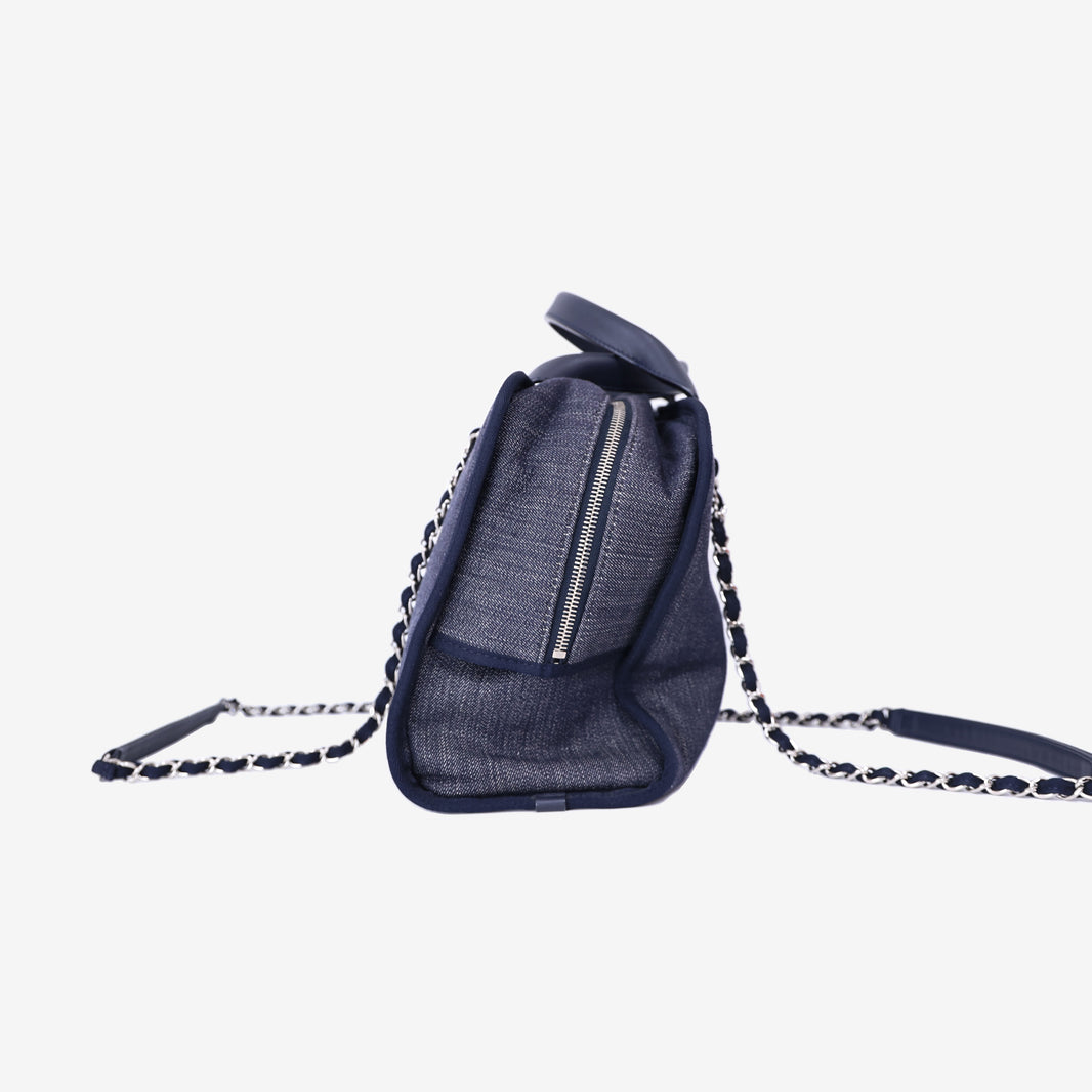 Chanel Large Bowling Bag in Blue Denim & Calfskin Leather with Silver Hardware side view