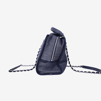 Chanel Large Bowling Bag in Blue Denim & Calfskin Leather with Silver Hardware side view