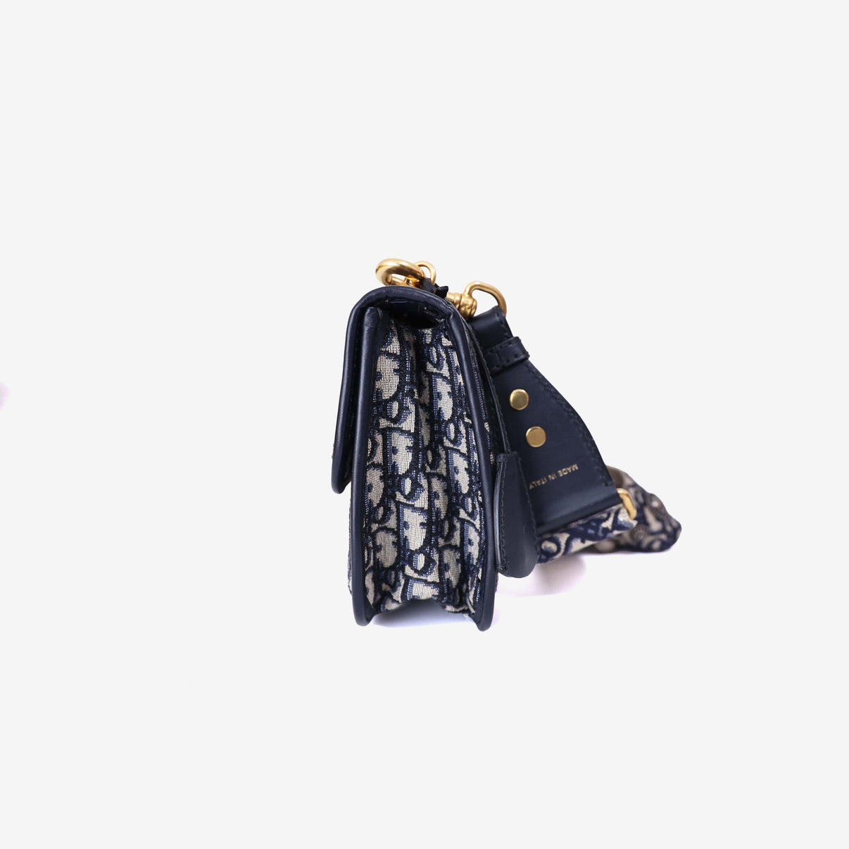 Dior Addict Flap Bag in Navy Blue Oblique Jacquard Canvas with Gold Hardware side view