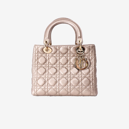 Dior Medium Lady Dior Handbag in Metallic Champagne Gold Cannage Quilted Lambskin with Gold Hardware