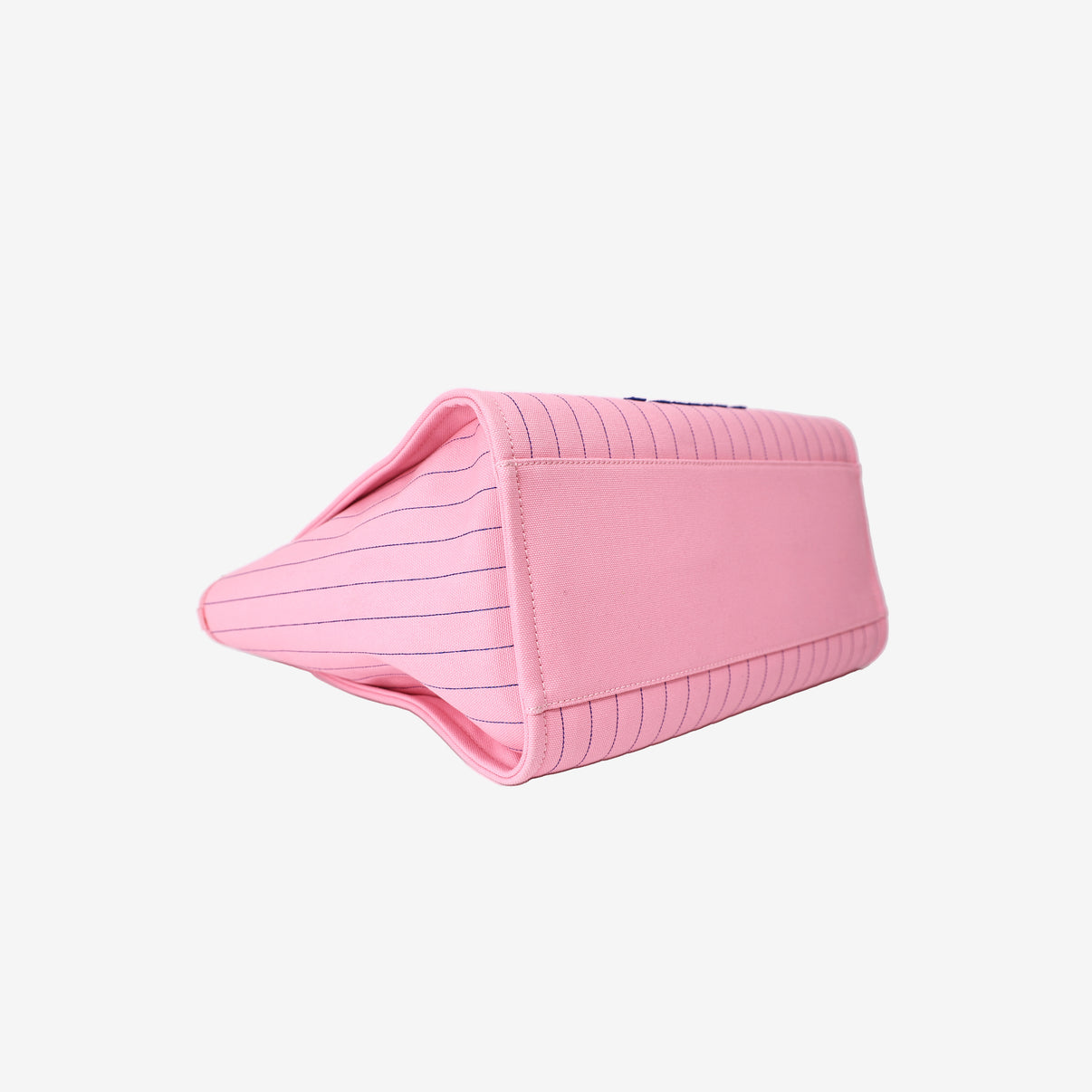 Chanel Large Deauville Tote in Pink and Blue Striped Canvas with Calfskin Leather and Palladium Hardware bottom side view