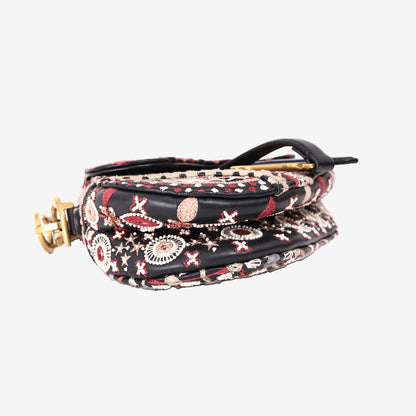 Christian Dior Mini Saddle Bag in Black/Burgundy/White Embroidered Canvas with Gold Hardware