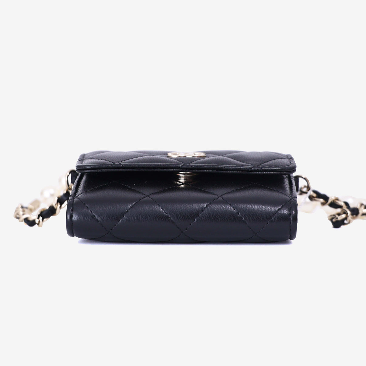 Chanel Wallet on Pearl Chain Card Holder in Black Lambskin Leather with Gold Hardware bottom view