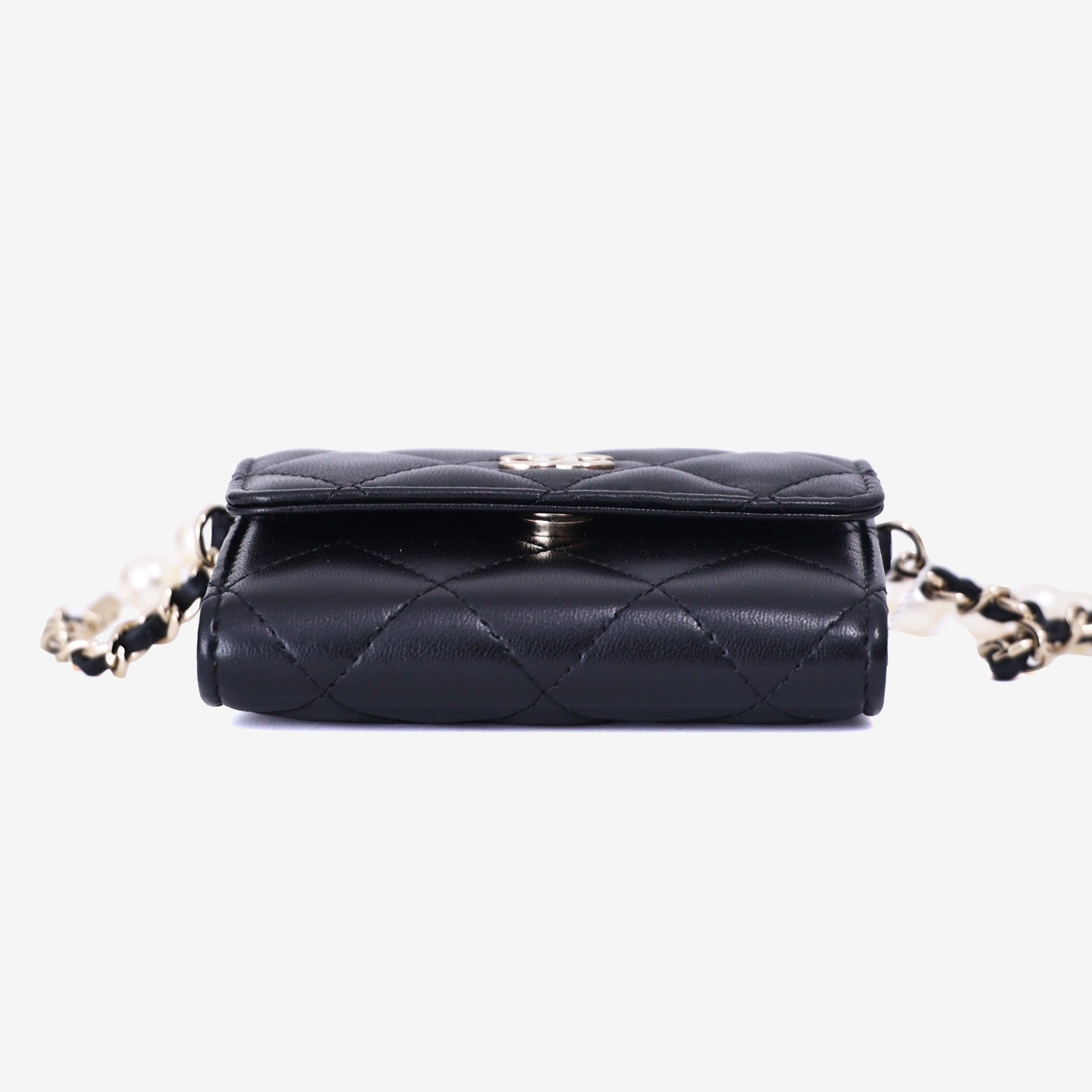 Chanel Wallet on Pearl Chain Card Holder in Black Lambskin Leather with Gold Hardware bottom view