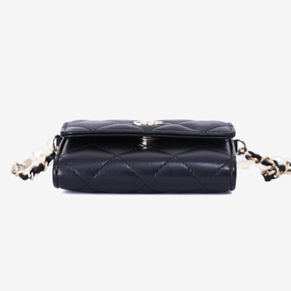 Chanel Wallet on Pearl Chain Card Holder in Black Lambskin Leather with Gold Hardware bottom view