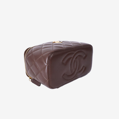 Chanel Vanity Case with Beaded Handle Box Bag in Brown Lambskin Leather with Gold Hardware