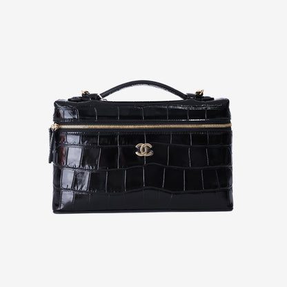 Chanel Trendy Handle Slim Vanity Pouch in Black Crocodile-Embossed Calfskin Leather with Gold Hardware