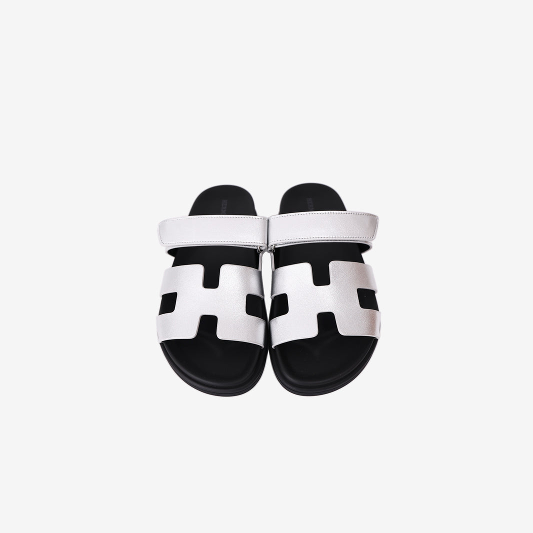 Hermès Chypre Sandals in Gris Argenté Metallic Goatskin (Size 38) (Contact to Enquiry)