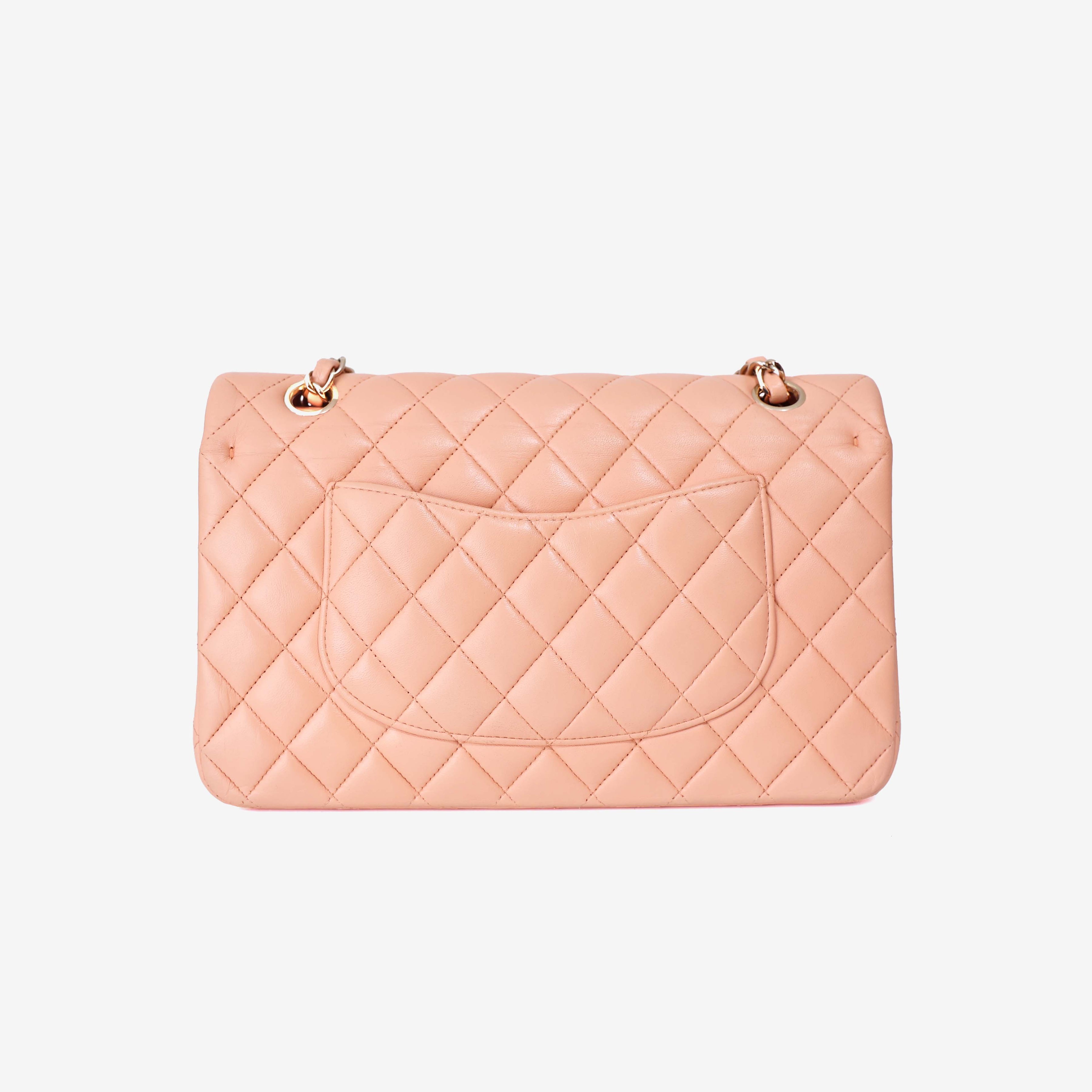 Chanel Classic Double Flap Medium Bag in Peach Lambskin Leather with Gold Hardware back view