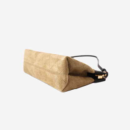 Chanel 26K Quilted Handbag in Beige Suede/Black Calfskin Leather with Gold Hardware