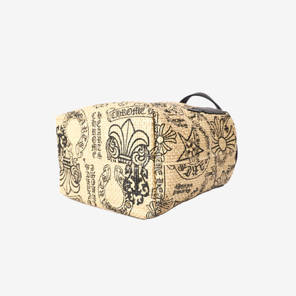 Chrome Hearts Monogram-Print Beach Bag in Beige Woven Straw with Black Leather Handles