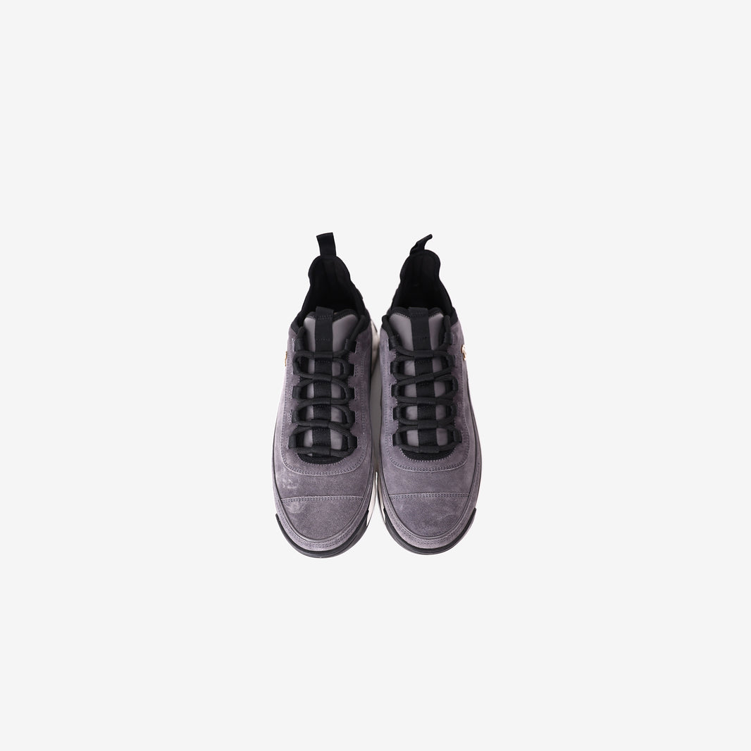 Chanel 23K CC Logo Sneakers in Grey and Black Suede with Gold Logo Detail (Size 41.5)
