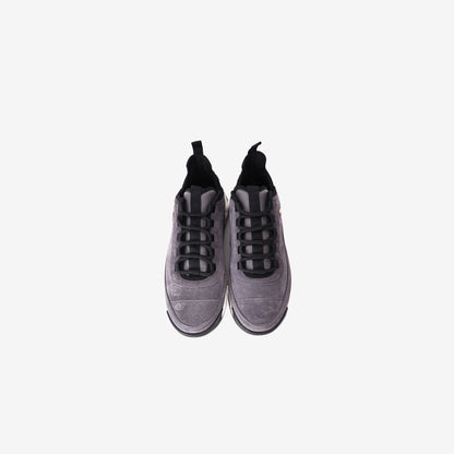 Chanel 23K CC Logo Sneakers in Grey and Black Suede with Gold Logo Detail (Size 41.5)