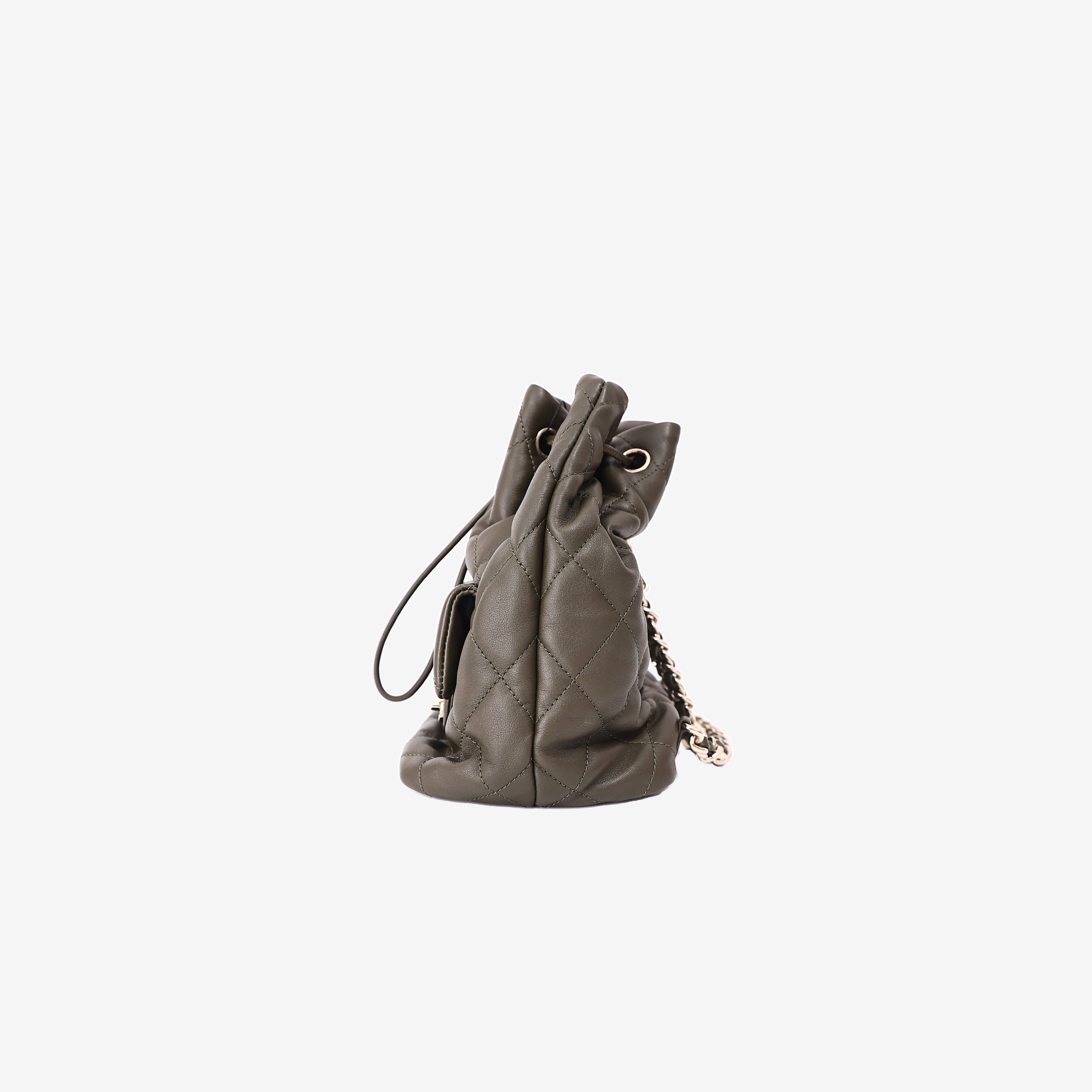 Chanel Duma Drawstring Backpack in Khaki Lambskin Leather side view