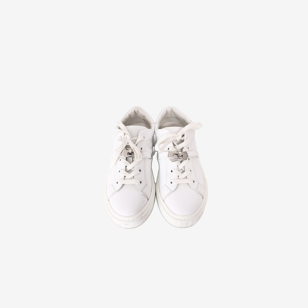 Hermès Day Sneakers in Blanc Calfskin Leather with Palladium-Plated Kelly Buckle (Size 39)