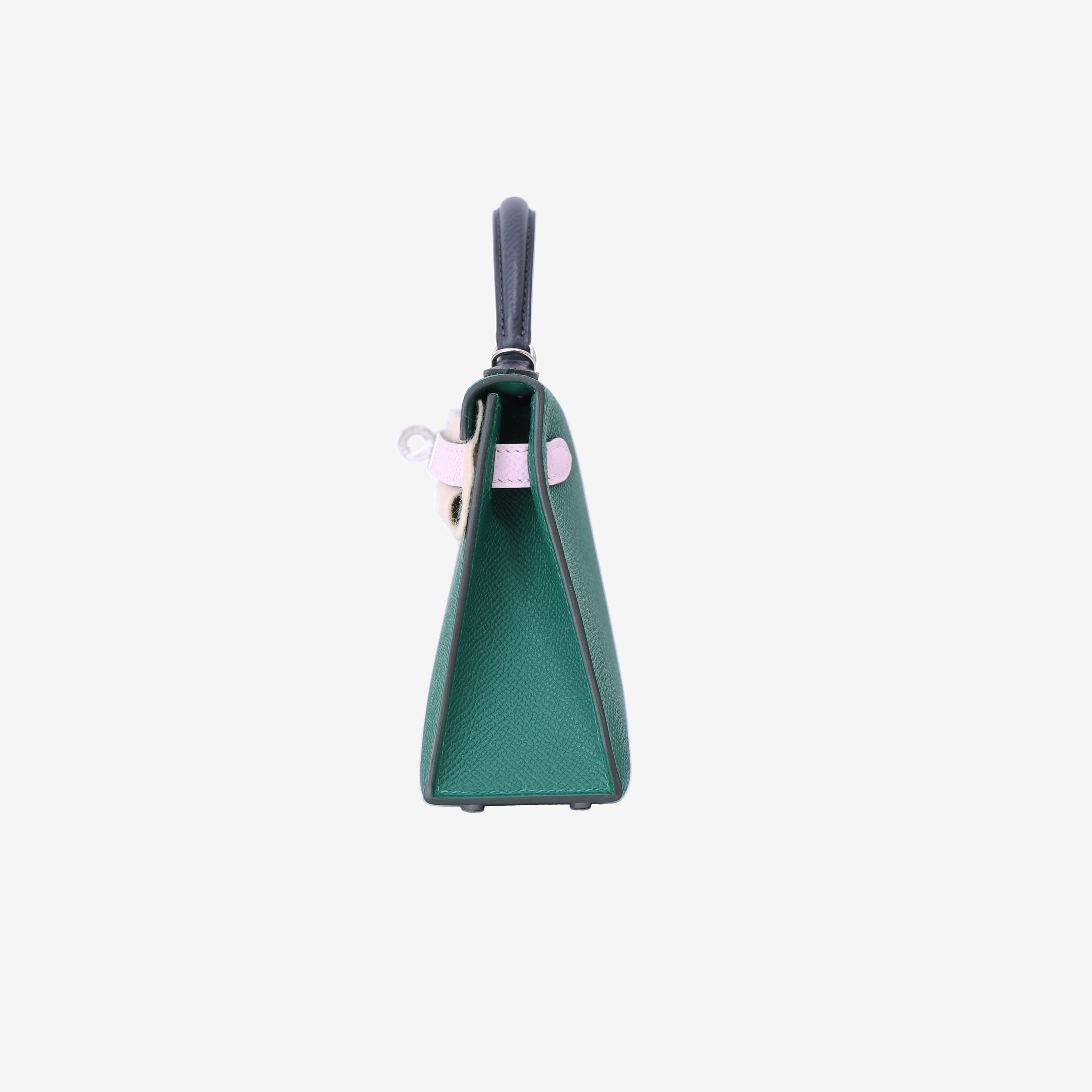 Hermès Mini Kelly 20 in Vert Moyen/Mauve Pale Epsom Leather with Palladium Hardware side view