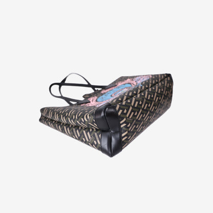 Versace La Greca Medusa Music Tote in Brown Coated Canvas and Calfskin Leather