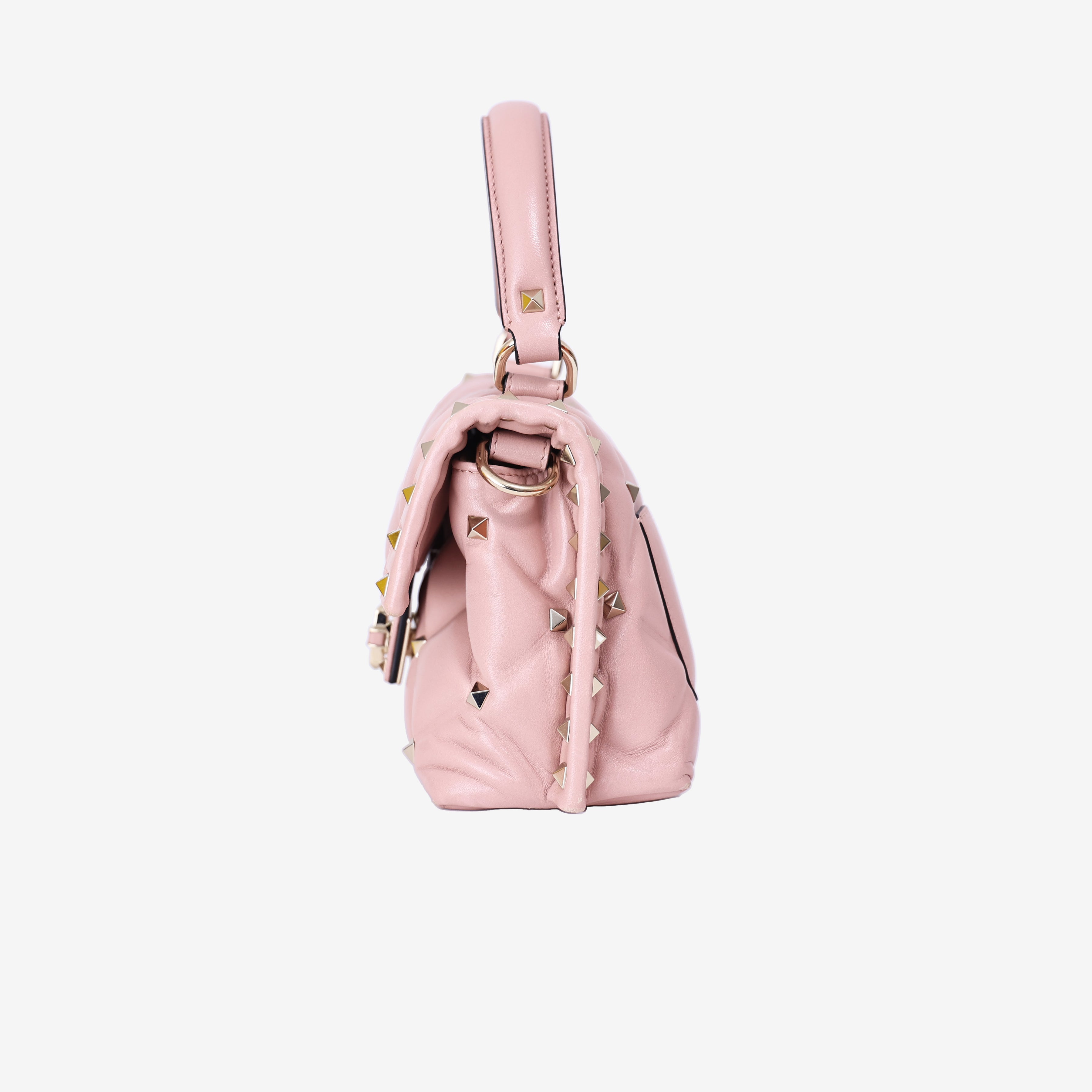 Valentino Garavani Candystud Medium Bag In Pink Calfskin Leather with Gold Hardware side view
