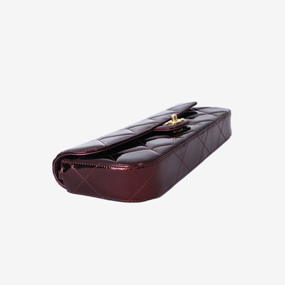 Chanel Large Flap Bag With Handle in Metallic Burgundy Patent Leather with Gold Hardware