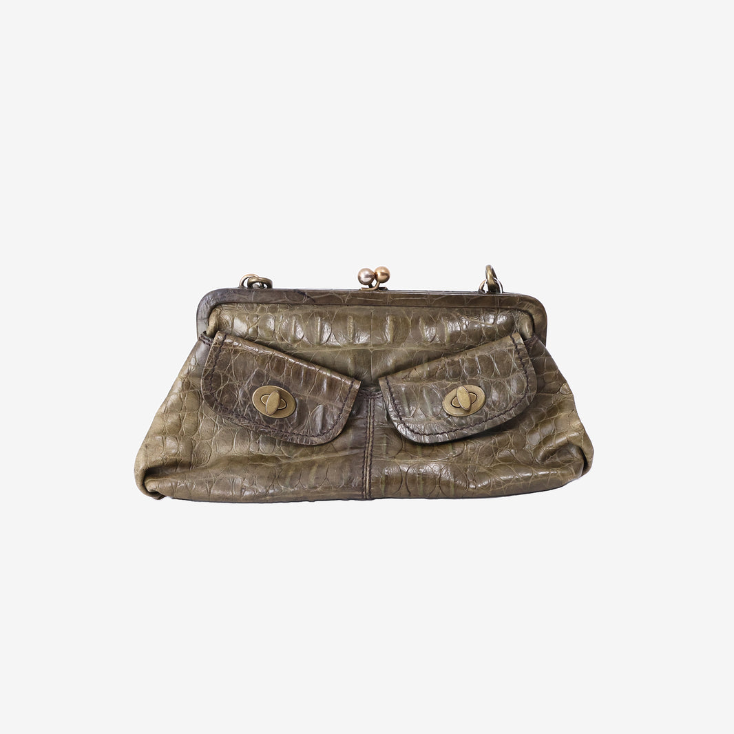Miu Miu Crocodile-Embossed Kiss-Lock Shoulder Bag in Green Leather with Gold Hardware